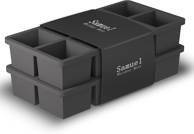 Samuelworld Moldes grandes de silicona para cubitos de hielo, paquete de 2, cubos grandes de 2 pulgadas, grado alimenticio, flexible, 8 cavidades, fácil liberación, hielo de fusión lenta para whisky, cócteles, regalos y Navidad, color negro