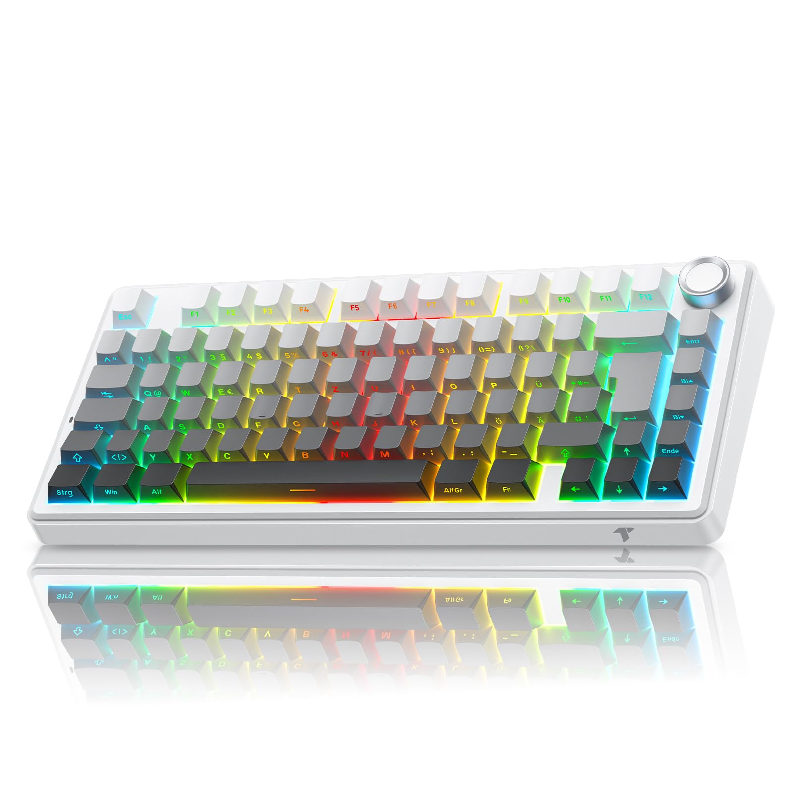 TECURS Klawiatura gamingowa mechaniczna ISO-DE | 75% Hot-Swap Sideprinte klawiatura bezprzewodowa czerwona oś Gasket Mount, PBT, RGB, Creamy MK209 Keyboard (2,4 G/BT/typ C) QWERTZ – dla graczy Setup