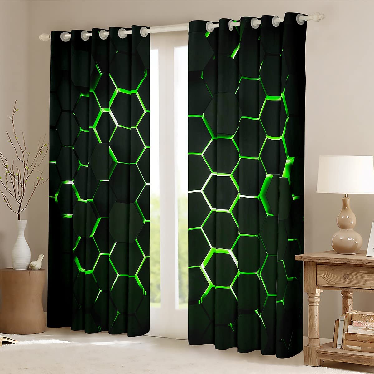 Homemissing Honeycomb Curtains for Bedroom Geometric Hexagon Window Treatment Green Ultra Soft Decor Window Drapes Geometrical Window Draperies for Kids Adults W46*L54 - Image 2