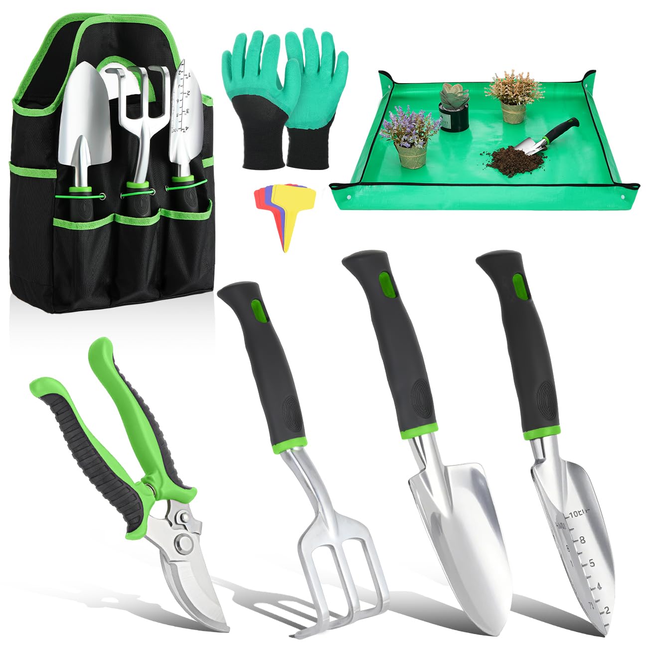Housolution Juego de Herramientas de Jardín, 8 PCS, Kit de Herramientas de Mano de Jardinería, Suministros de Jardinería de Aleación de Aluminio Resistente con Mango, Bolsa de Almacenamiento, Verde