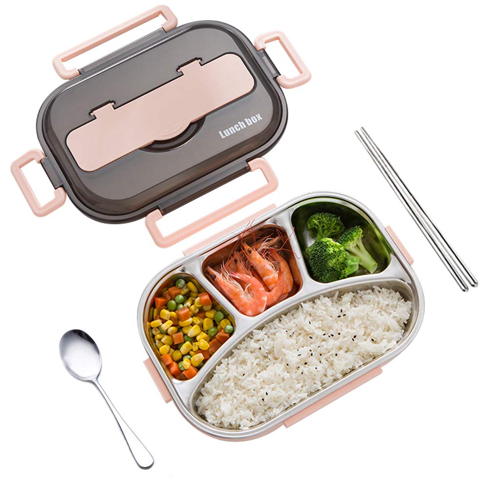 amropi Bento Box Stainless Steel Lunch Containers 2/3/4/5 Compartment Food Storage with Chopsticks and Spoon (Pink, 4 Compartment)