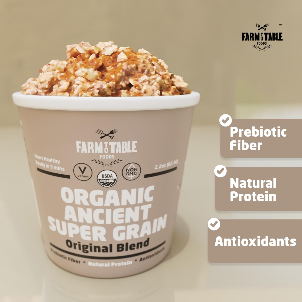 Farm to Table Foods Organic Ancient Super Grain Oatmeal Individual Serving Cups, Original Blend - High Protein, Non-GMO, 12 Pack (2.2 oz. Cups)