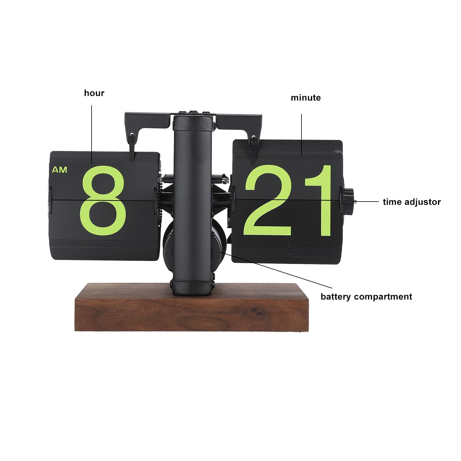 CCYLEZ Reloj Digital con Tapa Estilo Retro con Números Grandes para Sala de Estar Oficina 12h Automático Base de Madera (Página Verde con Marco Negro Esmerilado)