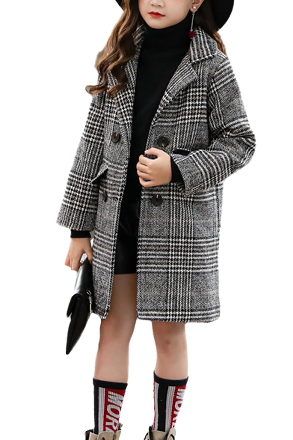 Boys Girls Winter Pea Coat Dress Coats Notched Lapel Collar Double Breasted Plaid Over Coats Long Jackets for Kids