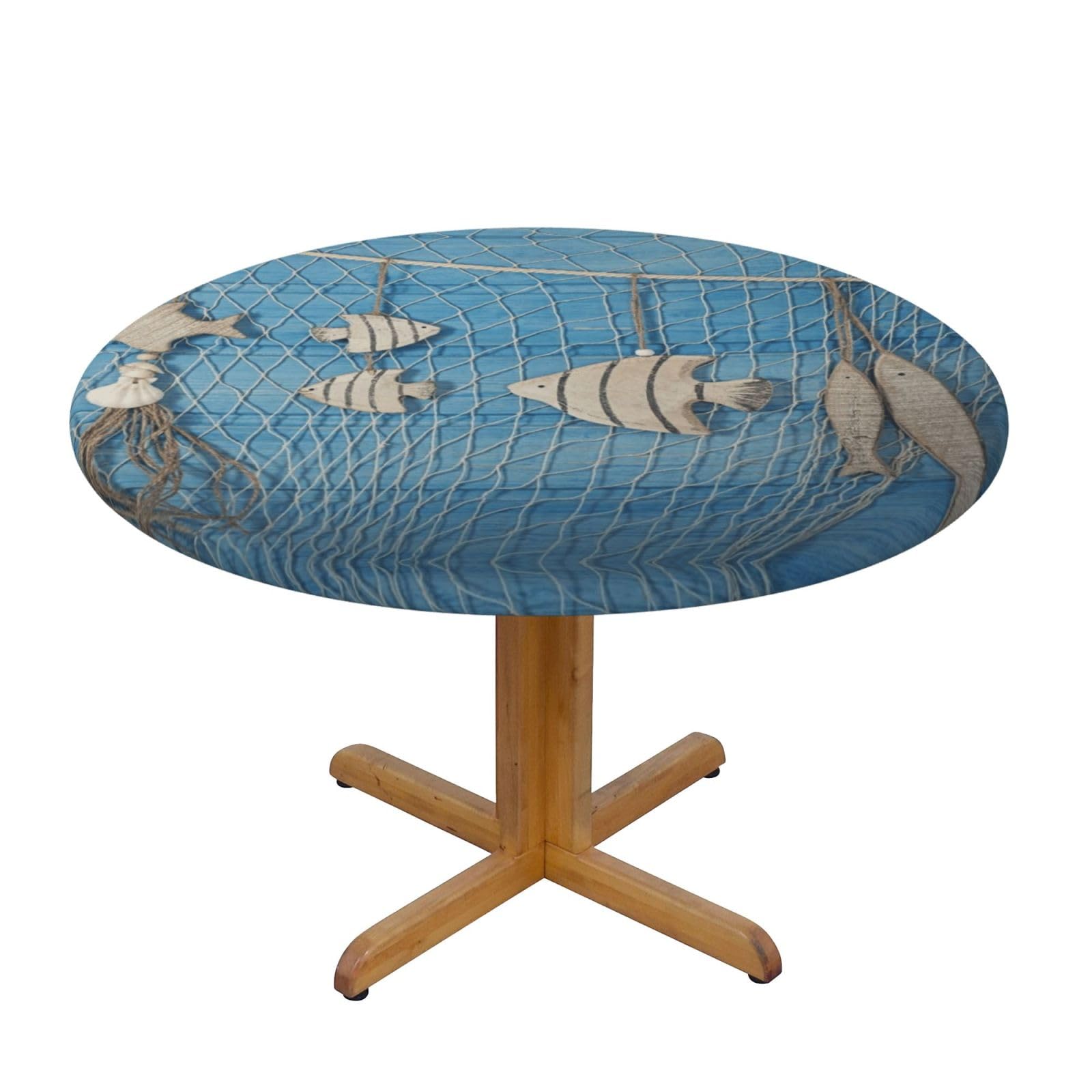 ESNAIUVCD Fishing Nets print Waterproof Round Tablecloth,Outdoor Table Cloth with Elastic Edged, Elastic Tablecloth Wipeable, Garden Table Cloth Suitable for sizes 90cm-140cm