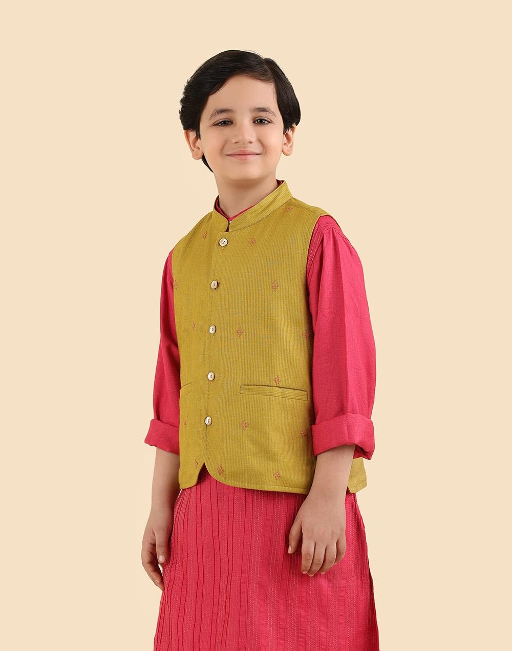 Fabindia Giacca Dobby Nehru in misto viscosa di cotone, verde