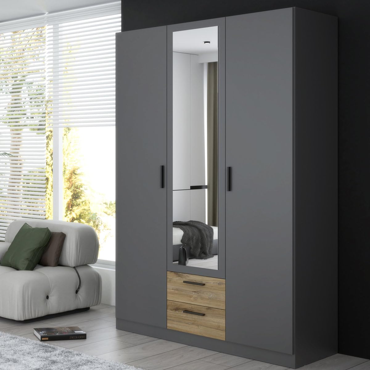Ozone Furniture Engineering Triple Wardrobe in Charcoal Grey | Wood-Grain Contrast, Modern Design, Triple Door, Engineered Wood-image-2
