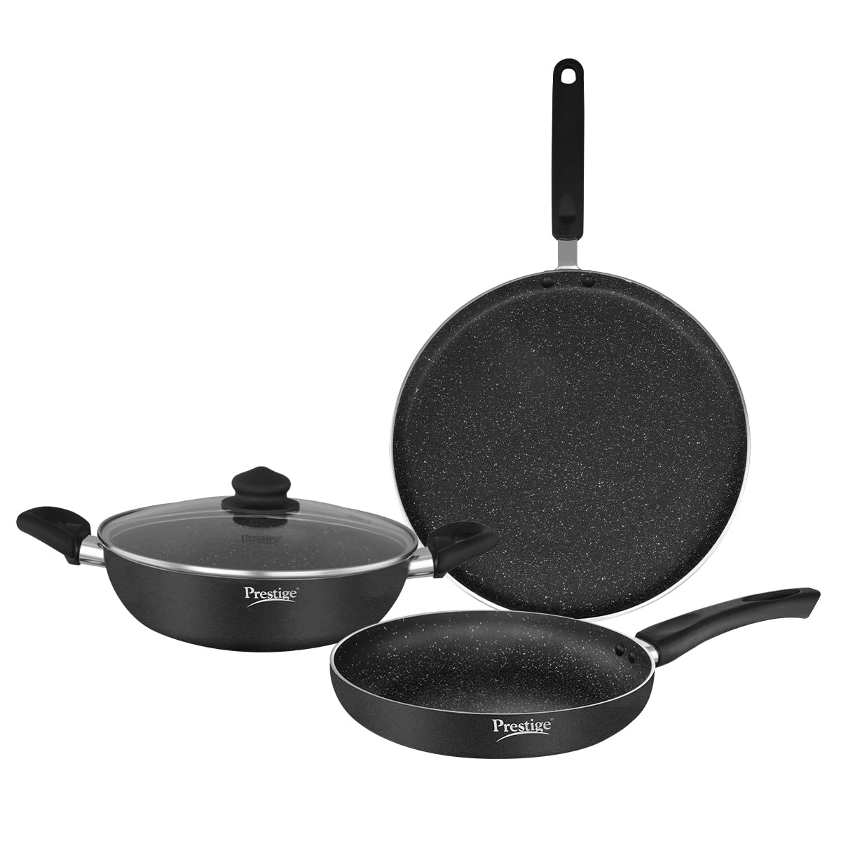 Prestige Omega Deluxe Granite Aluminium 3 Pcs Set- Tawa, Fry Pan & Kadai with 1 Glass Lid|Non-Stick|Spatter-Coated Surface|Induction & Gas Compatible|Black-image-46