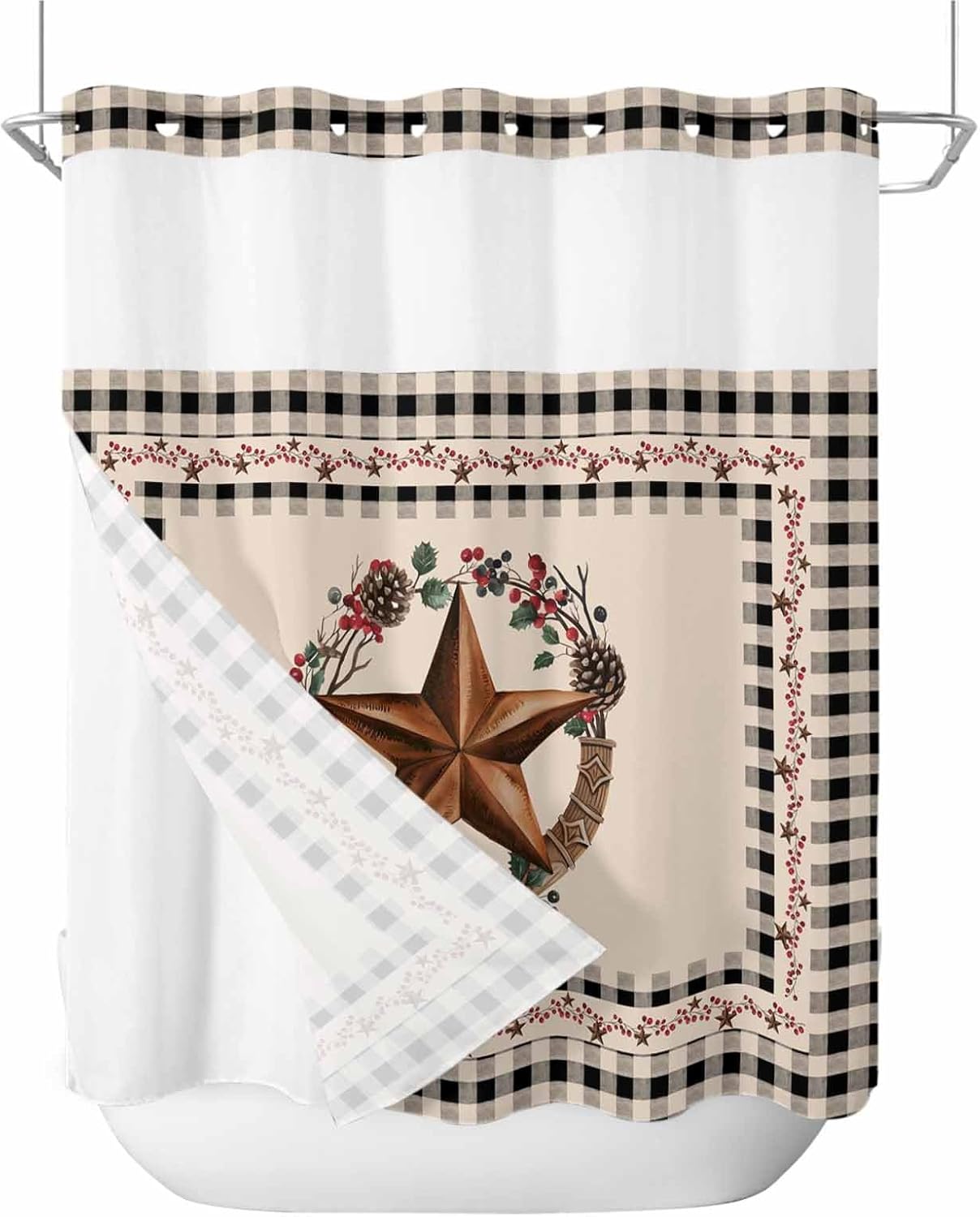 No Hook Shower Curtain and Snap in Liner Set, Farmhouse Fabric Bathroom Shower Curtains 72x72 Inch, See Through Mesh Top Window, Country Star Berry Plaid Lodge Grey Brown Hotel Style, Waterproof