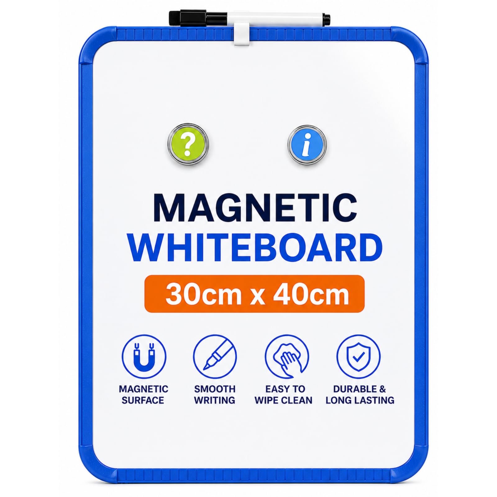 Magnetic Whiteboard 30 x 40 cm, Dry Erase White Board with 3-in-1 Marker, 2 Magnets & Removable Clip Holder, Wall Mounted Memo Board for Home, Office, School, Kitchen & Study