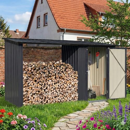 Albatros Profi Gerätehaus M –Geräteschuppen mit Holzunterstand für 2,3m³ Holz, verzinktes Metall in Anthrazit (RAL 7016) | 266x127x161cm | wetterfester Gerätelager Gartenschrank