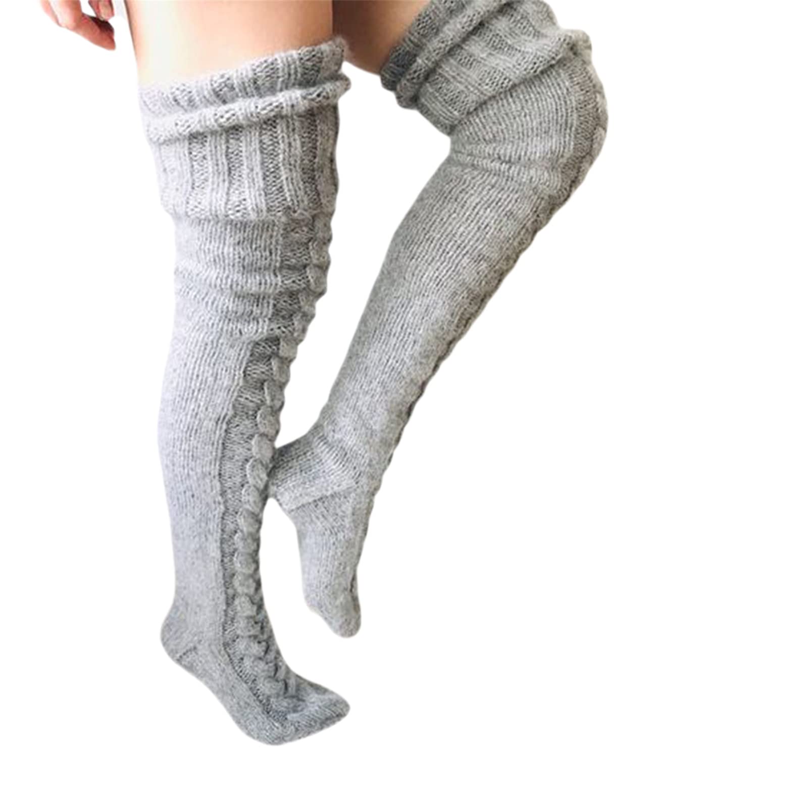 ZempertoopaWomen Knee Stockings Warm Winter Over Knee Thigh Stockings Non Elastic Wide Cuff Long Knitted Socks, Gray, One size