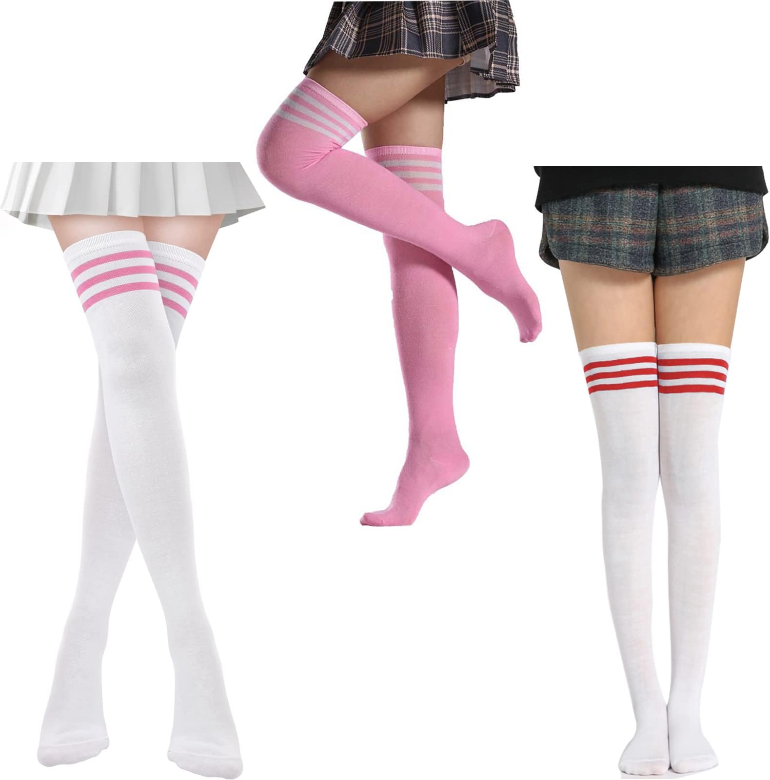 High Thigh Socks 3 Pairs Women Stripe Tube Dresses Over the Knee Thigh Long Stockings Cosplay Socks