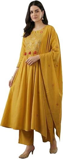 INDO ERA Women's Silk Blend Mustard Ethnic Motifs Embroidered Thread Work Flared Kurta &amp; Pant with Dupatta Set