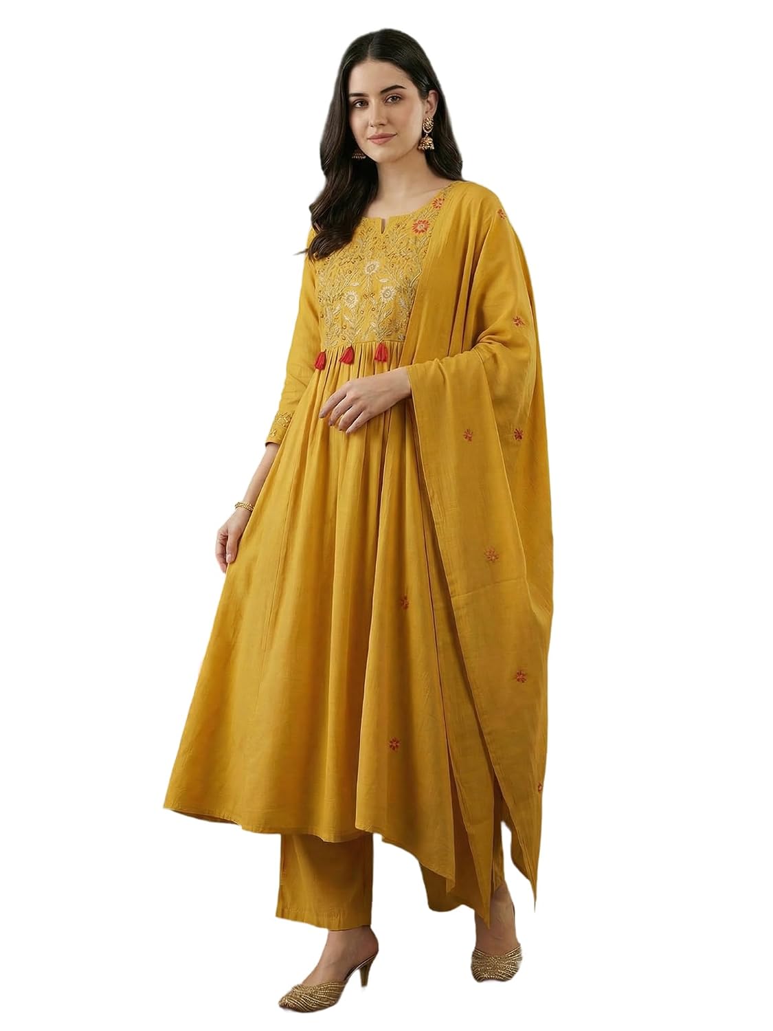 INDO ERA Women's Silk Blend Mustard Ethnic Motifs Embroidered Thread Work Flared Kurta & Pant with Dupatta Set - Review, Price and Buying Guide