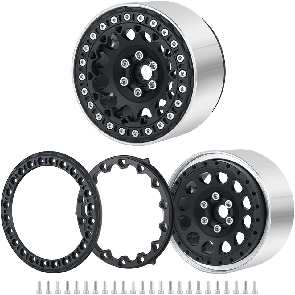 RCLIONS 2.2inch Beadlock Wheels 35mm RC Aluminum Rims for AXIAL Wraith RR10 TRX4 1/10th RC Crawler Truck Car (Black)