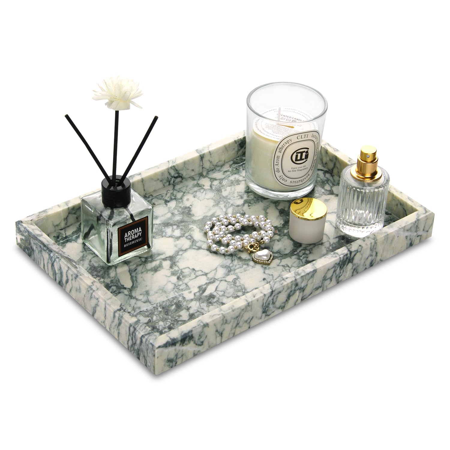 Marble Bathroom Vanity Tray, Natural Luxury Vanity Home Kitchen Bathroom Table Tray, Stone Decorative Countertop Dresser Trays for Key Coffee Perfume Jewelry Makeup (Green Texture, 12"x 8" x1.2")