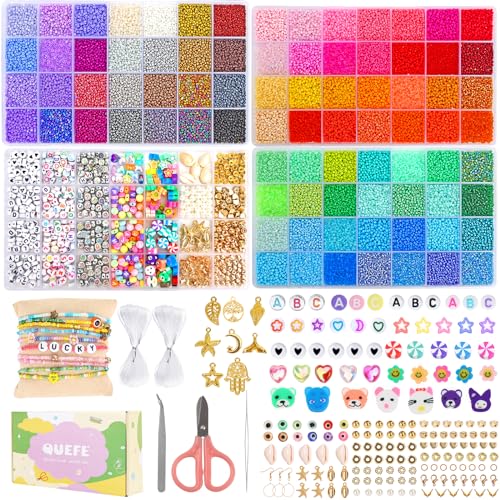QUEFE 42900pcs Glass Seed Beads Kit, 84 Colors, 2mm Friendship Bracelet Kit with Alphabet Letter Beads, Small Beads Kit for Bracelets Jewelry Making Kit, Necklace Ring, Craft Gifts