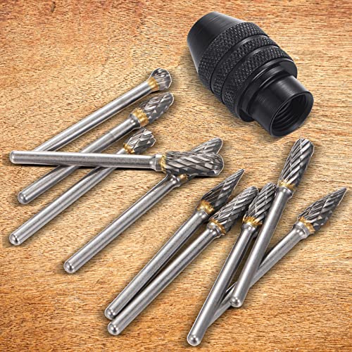 10 Pcs Double Cut Carbide Rotary Burr Set 1/8" Shank, 1/4" Head Length With 1 Keyless Chuck, 1/32" To 1/8" Replacement Drill Keyless Bit For Woodworking, Drilling, Wood Carving, Engraving, Polishing #TOP6