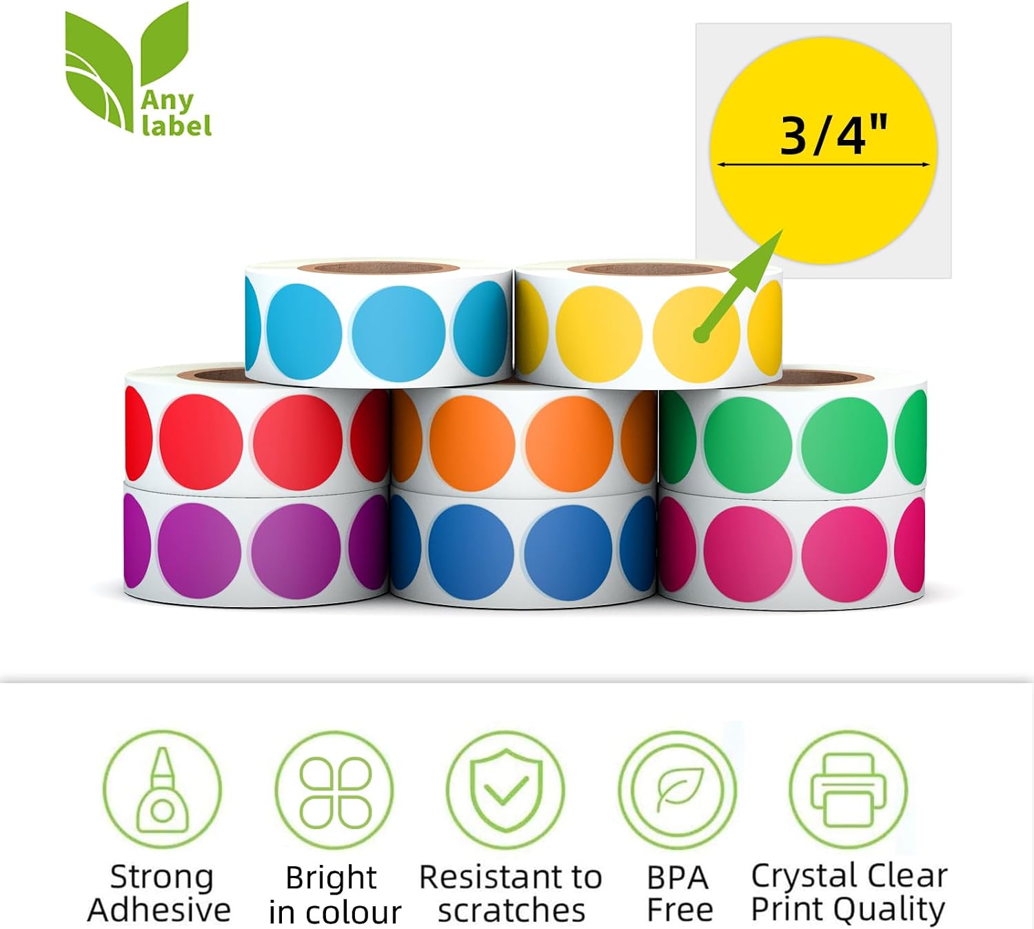 3/4" Round Color Coding Circle Dot Labels 4000 PCS Includes Bright Yellow Green Red Pink Orange Blue(8 Rolls,500 Labels/Roll) image 2