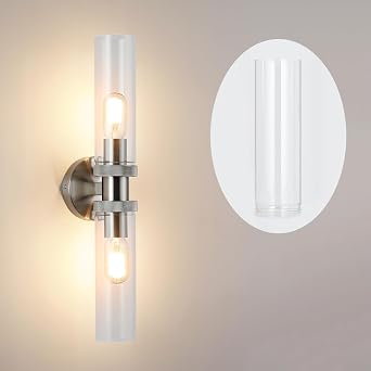 2 Light Bathroom E26 Vanity Light Brushed Nickel, Bathroom Light Fixtures Side Mirror, Vintage Wall Lamp for Bedroom, Modern Bedroom Vanity Lighting Fixtures with Glass Shade