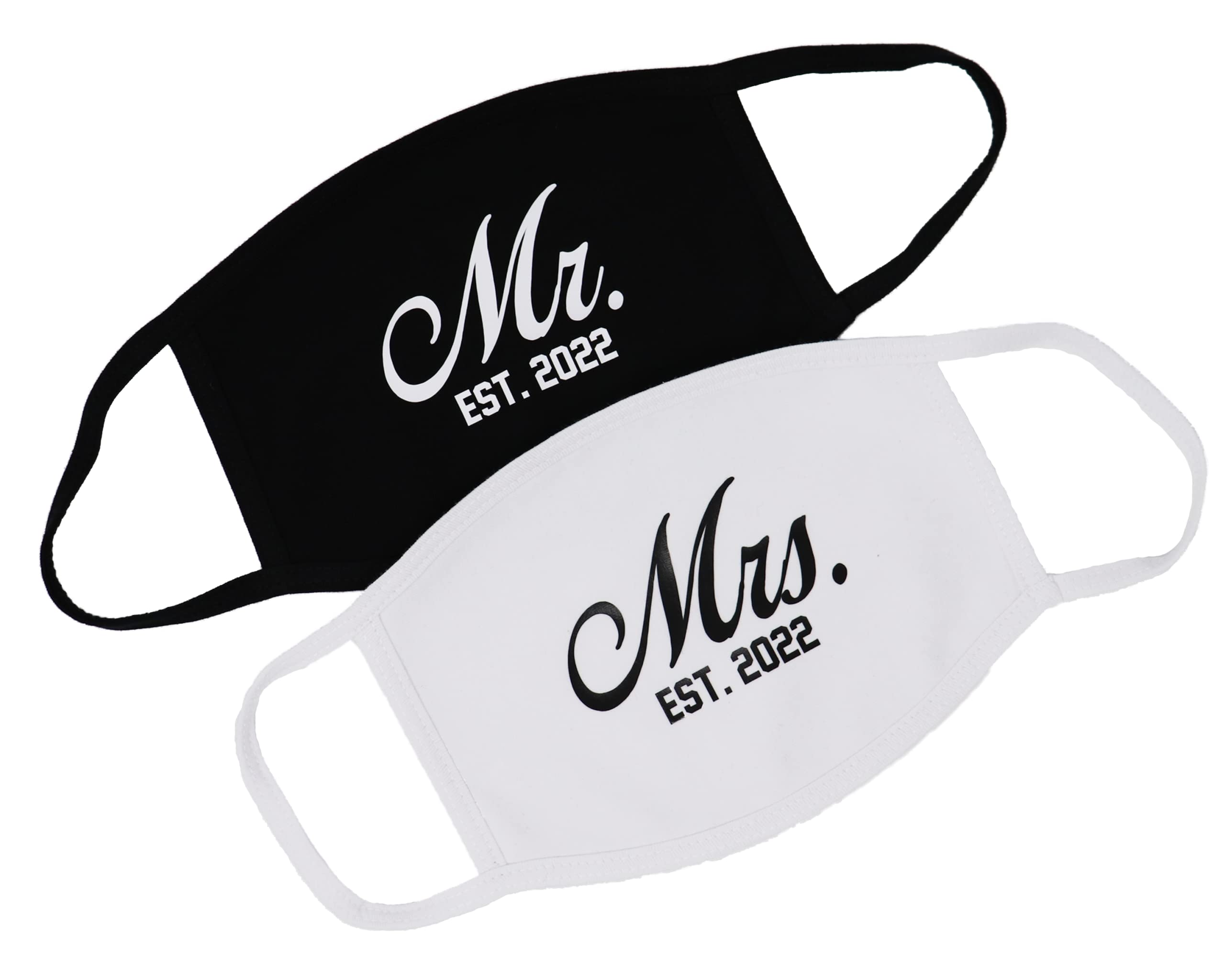 Mr Mrs 2021 Face Mask Gift Set Made in USA Double Layer Breathable Cotton Spandex (Mr Mrs 2022 Side Print) Black, White