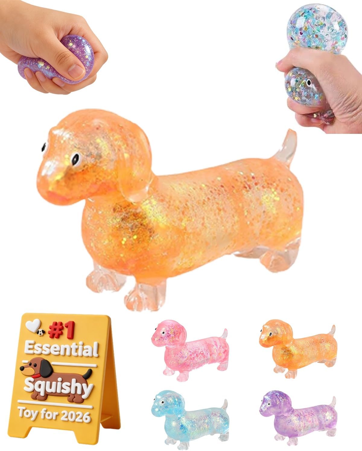 2PCS Dachshund Squishy, Sparkly Sausage Dog Squishy Cute Mini Squishys Weiner Dog Gel Stretch Ball with Face for Adults Ultra-Soft Touch Slow Rising Stress-Relieving
