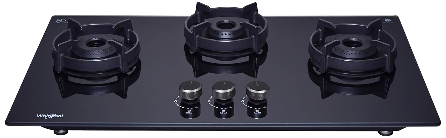 Whirlpool 75cm 3 Burner Auto Ignition Hob | EVOLVE HYBRID HD 753 BRASS | 8mm Toughened Glass | Forged Brass Burners | Black Glass Finish | 10-Year Glass & 5-Year Burner & Valve Warranty