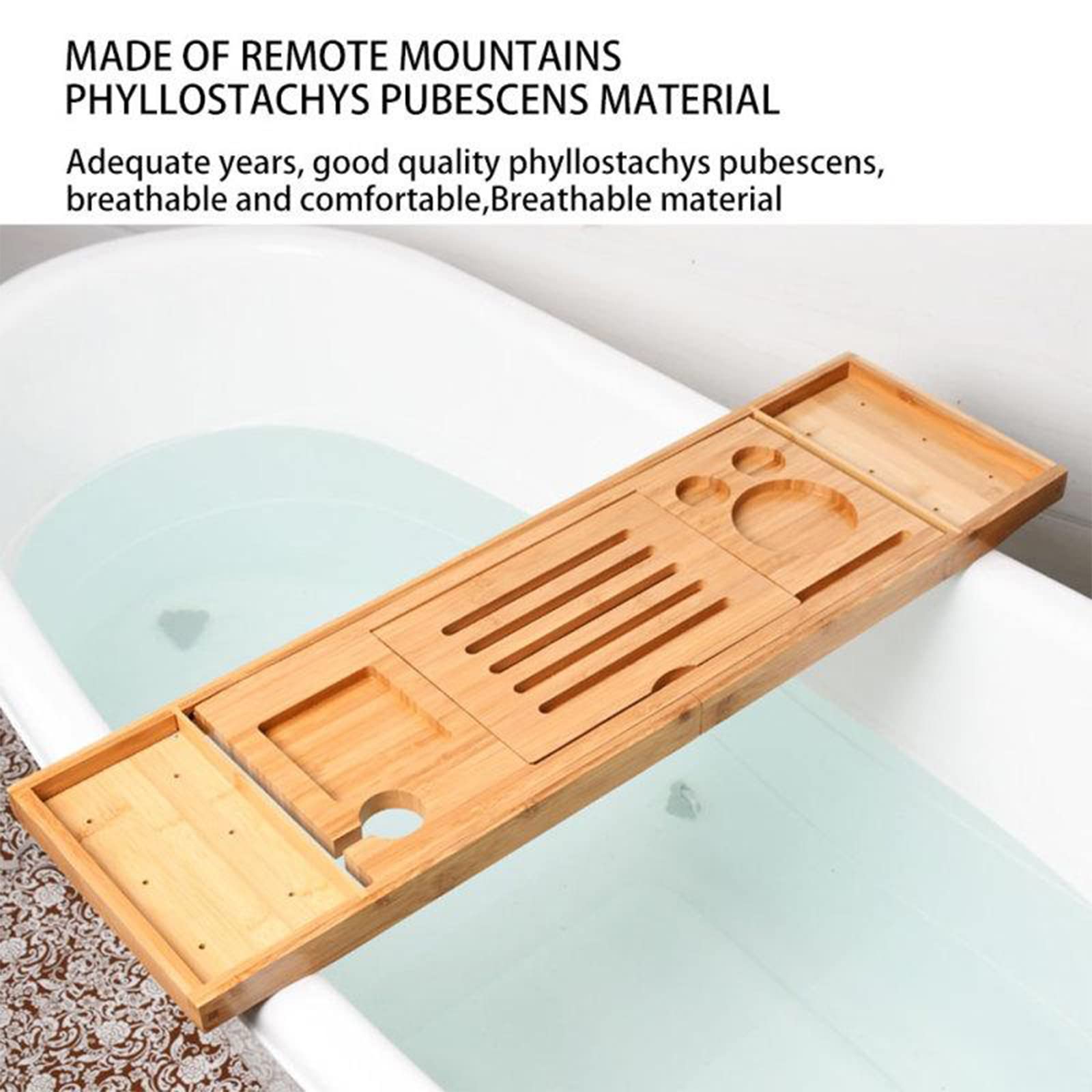 Bandeja de bambú para bañera, Organizador de Bandeja de bambú con Soporte para Libros, Soporte para Vino, Ranura para teléfono y Bandeja de tocador, Adecuado para la mayoría de los baños