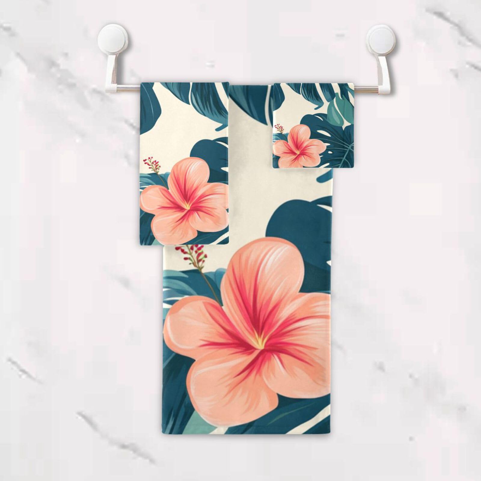 Set di 3 asciugamani per la pulizia del viso in stile tropicale con foglie verdi e fiori rossi, 1 asciugamano da bagno, 1 asciugamano per le mani, 1 panno per il viso del corpo