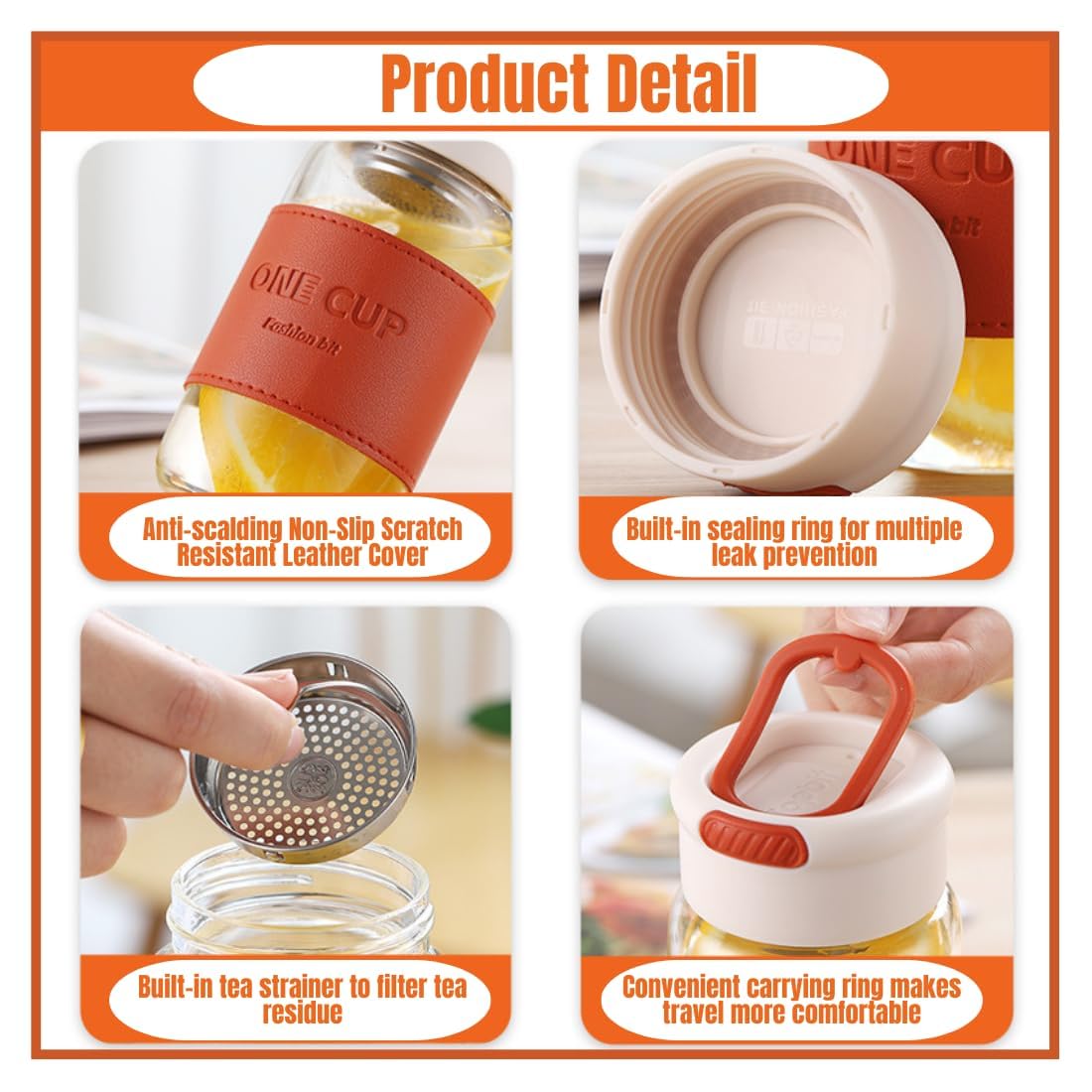 Wosta Tea Infuser Bottle with Strainer - Hot & Cold Brew Glass WaterBottle - Leakproof - Silicone Sleeve - BPA Free Infuser - Tea -Pot Alternative - Leaf (Black) 2