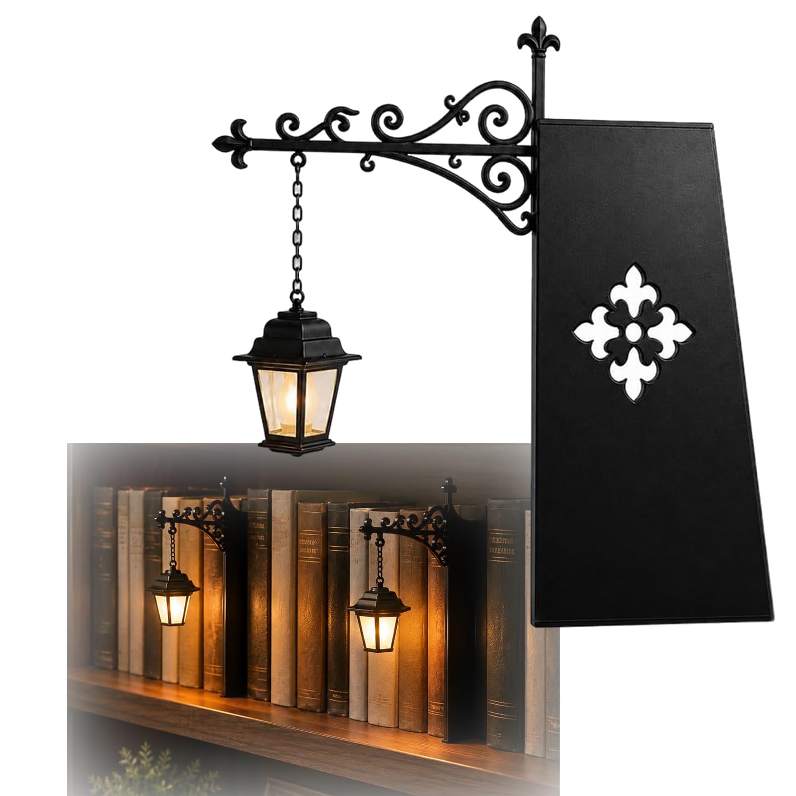 Yfjyxen Library Lantern Decorative Bookshelf Lighting, Vintage Mini Street Lamp Bookend Decor with Warm LED Light, Fantasy Hanging Lights for Desktop Study Room Home Office Book Lovers Readers(1pc)