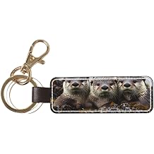 Sea Otter Family Stylish Pu Leather Keychain With Sturdy Metal Ring For Daily Use
