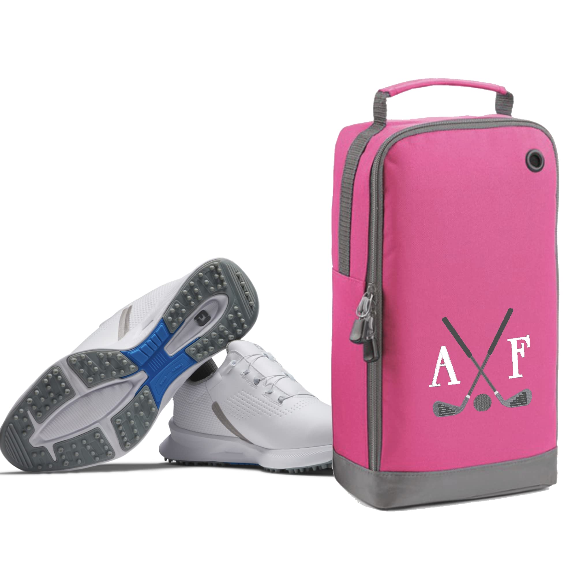 Golf Shoe Bag Personalised with Embroidered Initials - Monogrammed Golf Clubs Logo - Free P&P (Fuchsia)