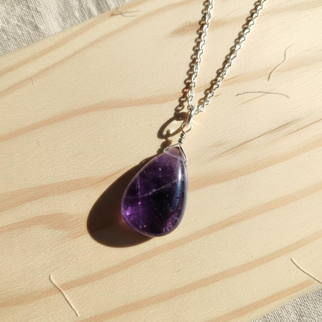 Natural Amethyst Pear Shape Pendant Necklace for Women | Silver Plated Hypoallergenic Anxiety Healing Crystal Jewelry | Tranquility Stone 16"+2" (Amethyst) - Image 5