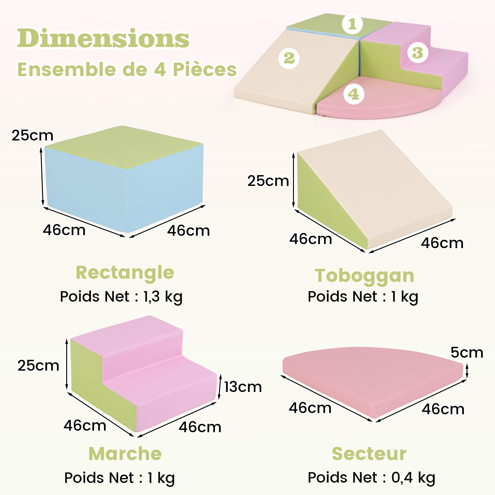 COSTWAY 4PCS Parcours Motricité Bébé en Mousse EPE avec Housse en PU, Module Motricité Bébé avec Toboggan & Différentes Formes, Jouets Éducatifs Colorée pour Ramper pour Enfants d'Âge Préscolaire