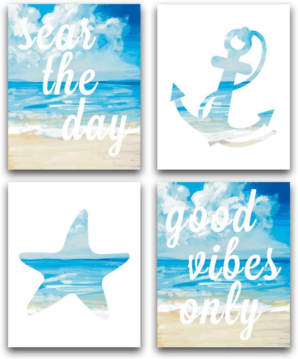 Ocean Beach Canvas Wall Art Prints, Good Vibes Only Quote Inspirational Wall Painting , Starfish Beach Mural Art Posters for Bathroom Living room bedroom Decoration, Unframed 4 Pcs Set (8 ”× 10”）…