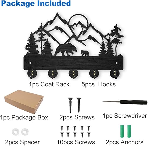 Miniatura 3 de MAYJOYDIY Perchero de pared de bosque de montaña de 11.8 x 8 pulgadas, soporte para llaves de oso de montaña de madera, ganchos de pared de madera,