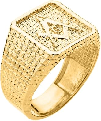 Mens Solid 14k Yellow Gold Textured Band Masonic Ring