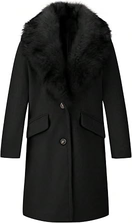 Womens Mid-Long Wool Blend Trench Coat Faux Fur Shawl Collar | Warm Windproof Classic Thicken Long Sleeve Pea Overcoat Fall Winter Casual Outwear with Pocket