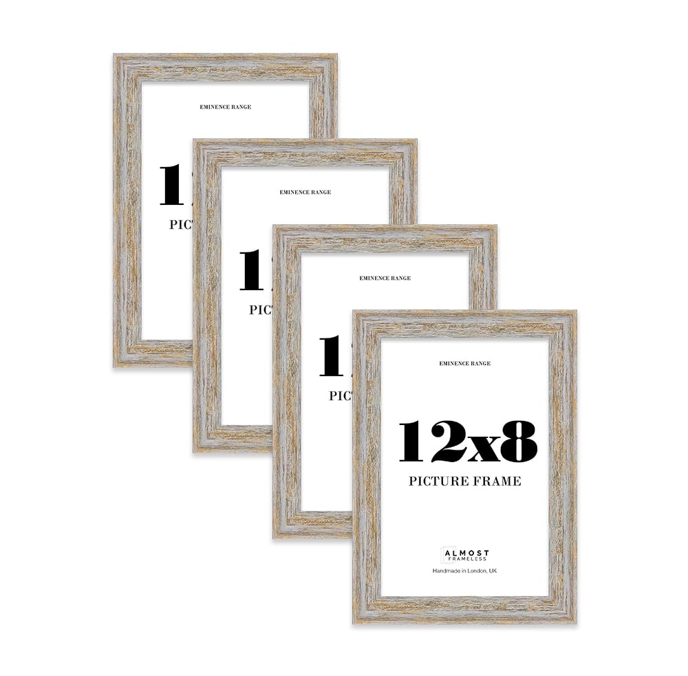 12x8" Walnut Woodgrain Picture Frame - Rustic Wood Industrial Effect Photo Frame for Wall Display, Ideal for Posters, Prints & Home Décor, Wall Hooks and Kickstand, 32mm Edge - 4 Pack