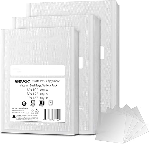 Wevac 6 x 10 pulgadas, 8 x 12 pulgadas y 11 x 16 pulgadas, 150 unidades, bolsas selladoras al vacío para guardar alimentos, sellar una comida,