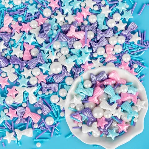 Image of Mermaid Sprinkles,Edible Sugar Pearl Stars Jimmies Mix,130g /4.58oz,Pearl Candy Ocean Sprinkle for Cake Decorating,Summer Baking Fun Decorations,Perfect for Ice Cream,Cookies,Dessert,Donuts,Cupcake Topper,Birthday Children Party Supplies