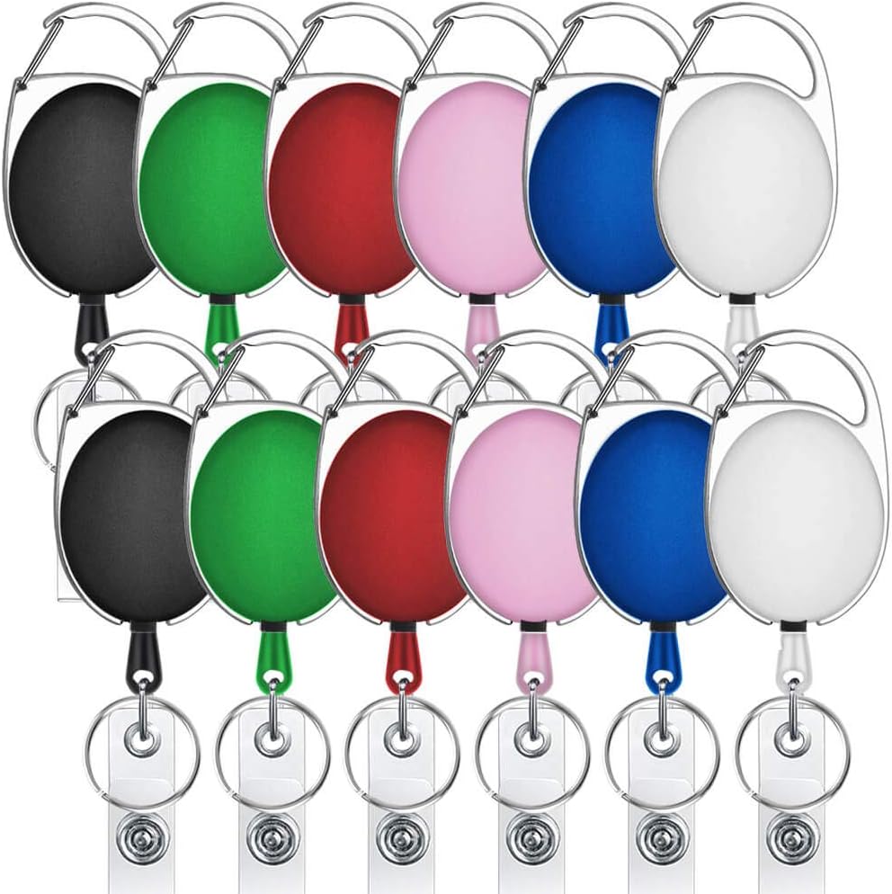 selizo 12 Packs Retractable ID Badge Card Holder Carabiner Badge Reel with Belt Clip and Key Ring, Assorted Colors