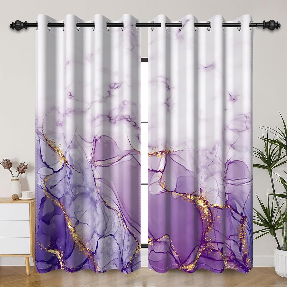 Rideaux de fenêtre en marbre violet abstrait chic de 2 panneaux pour salon moderne et chambre