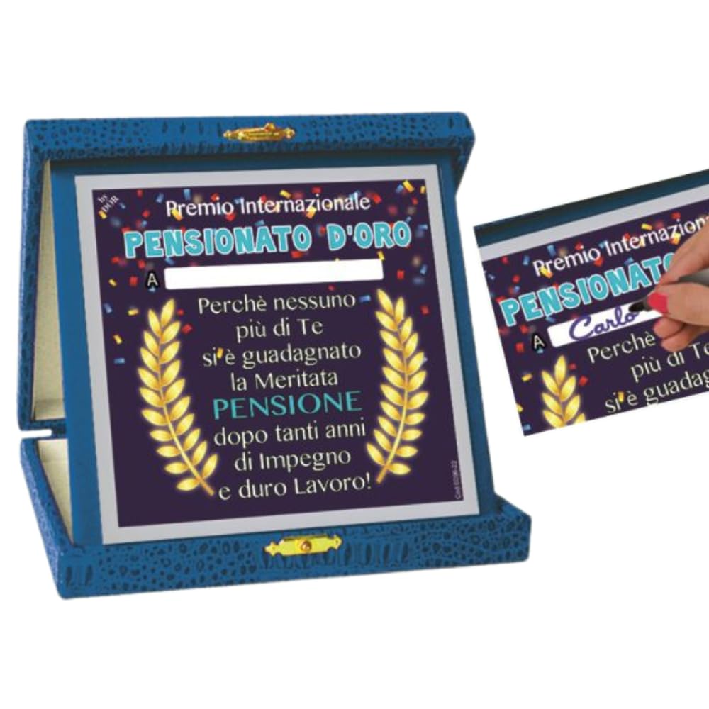 Ritria Store - Targa Premio Neo Pensionato - “Pensionato d’Oro” – Idea Regalo Divertente per Pensionamento Uomo – Gadget Simpatico con Dedicato Cartoncino Plastificato e Scatola Blu 16x16 cm