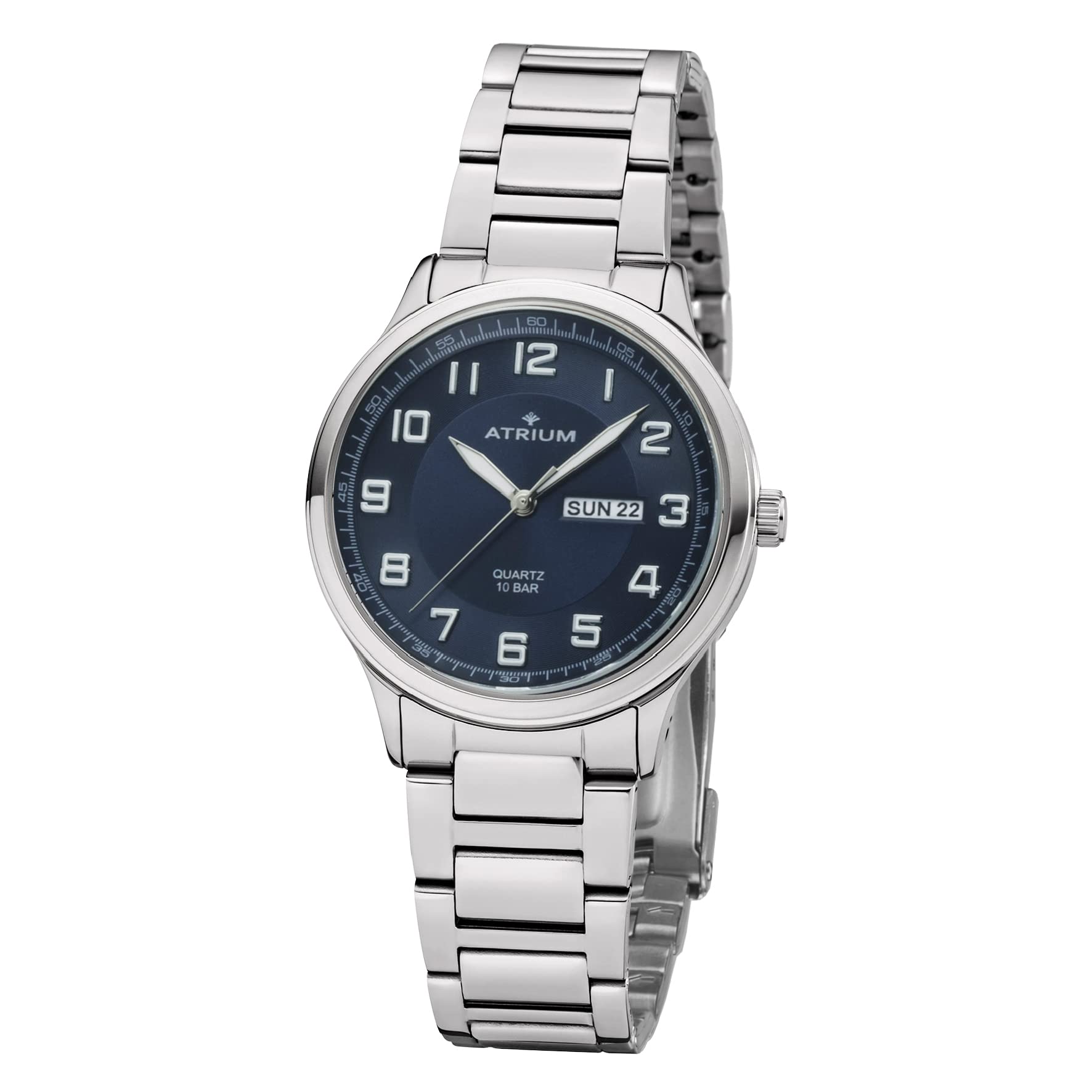 Atrium Herren-Armbanduhr Edelstahl Analog Quarz 10 bar mit Edelstahl Armband und Wochentag Datum Anzeige Silberfarben A39-35