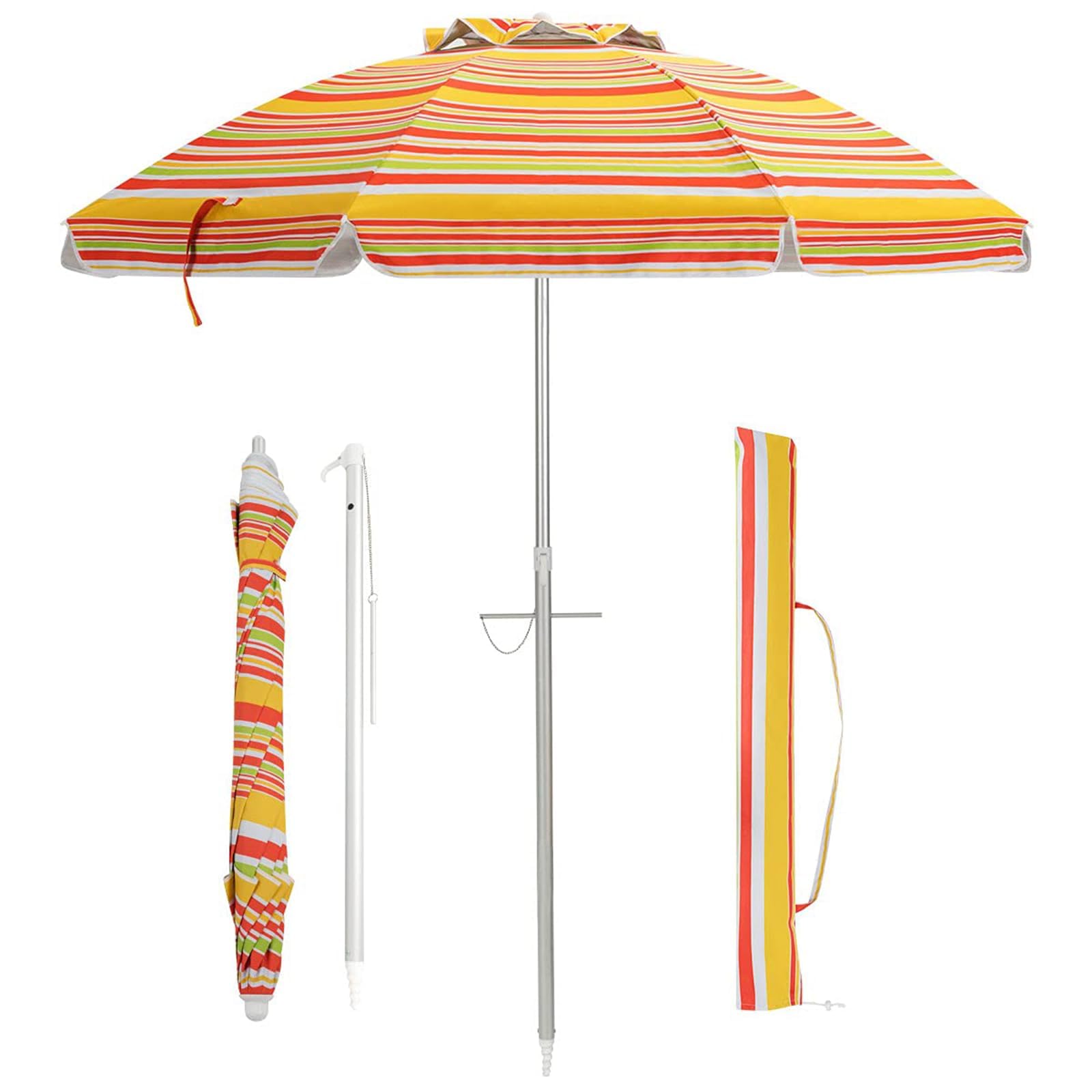 KOMFOTTEU Sombrilla Inclinable Ø 200 cm de Playa, Parasol de Jardín con Protección UV, Paraguas Plegable con Anclaje y Bolsa de Transporte, Sombrilla para Patio, Balcón, Piscina