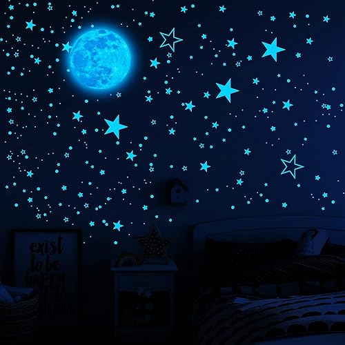 Miniatura 18 de Calcomanías de estrellas y luna que brillan en la oscuridad para techo, calcomanías luminosas de pared para dormitorio, sala de estar, 407 puntos +