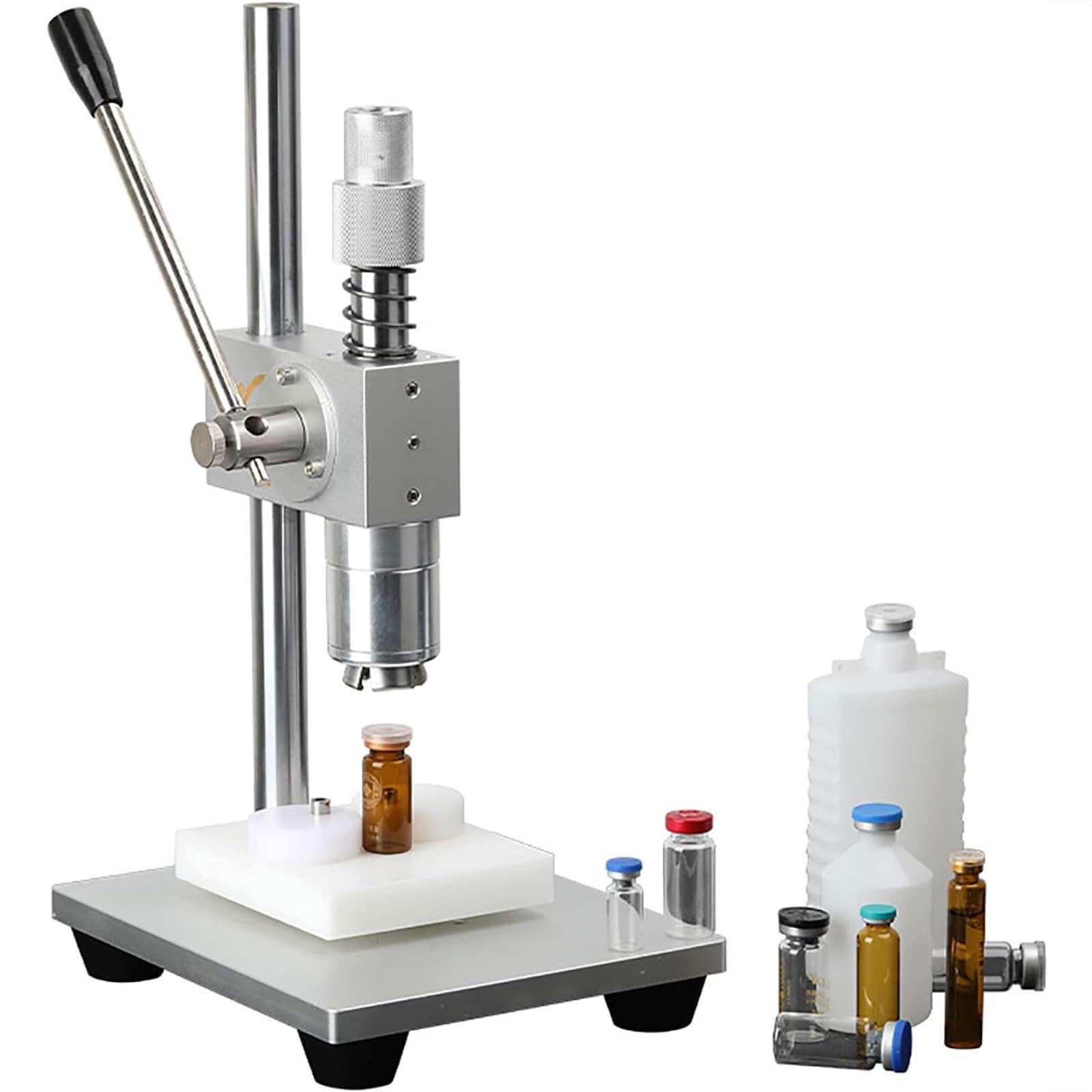 Prensadora manual, prensadora de acero inoxidable, máquina de sellado de viales de escritorio con mango antideslizante, máquina tapadora de botellas de vidrio de 13-28 mm, altura ajustable, fácil
